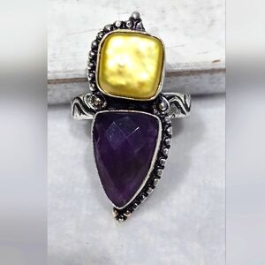 Elegant 925 Silver Ring with Yellow Pearl and Purple Amethyst Stone